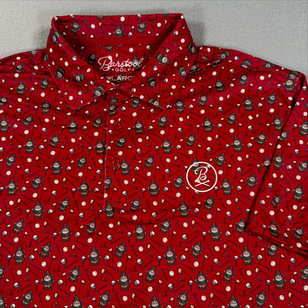Barstool Golf Mens XL Red Gnome Print Performance Short Sleeve Polo Shirt